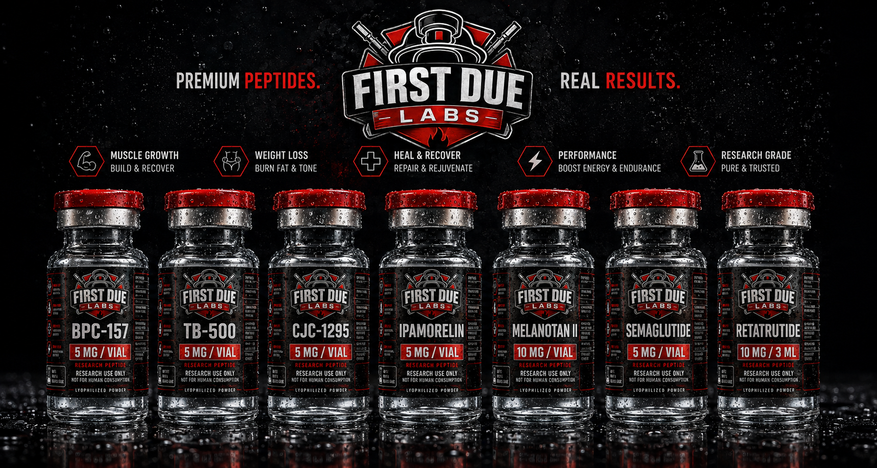 First Due Labs research peptide vial lineup with the brand shield logo